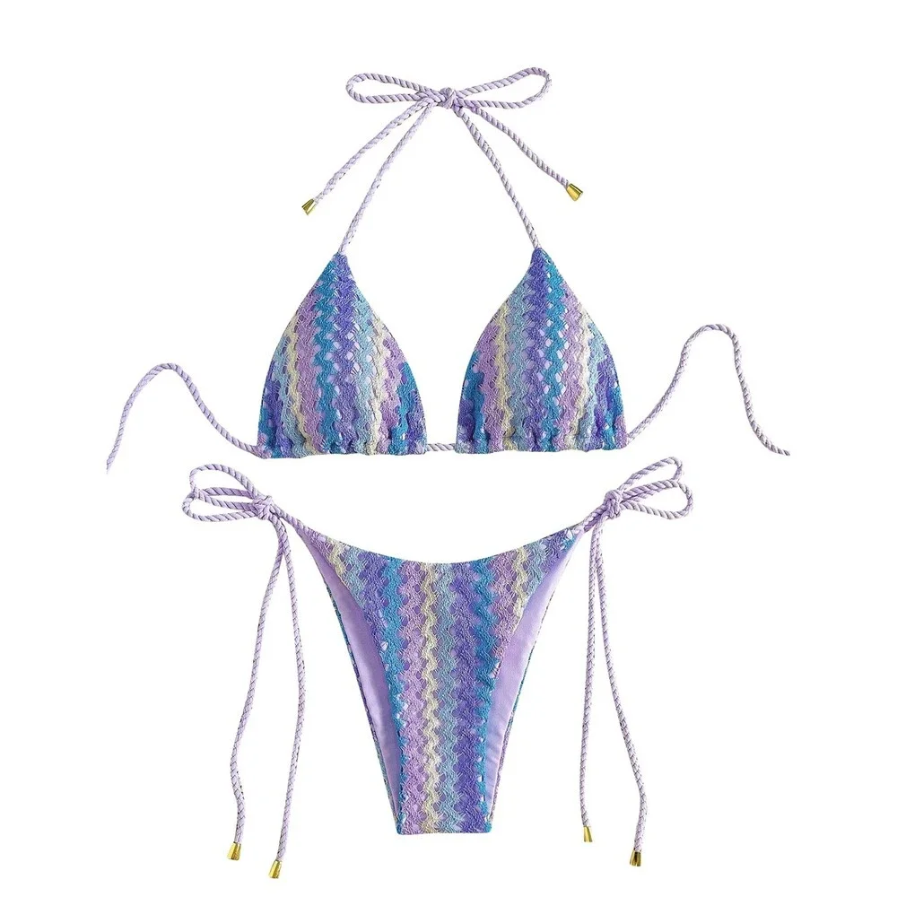 ZAFUL Women's Purple 2 Piece Triangle Bikini Knitted Rope Halter Sets Sexy S